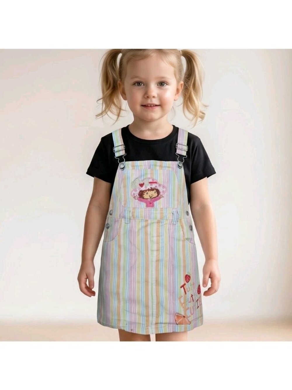 Y2K Vtg Strawberry Shortcake Bib Overall Dress Denim Rainbow Striped Sz 5